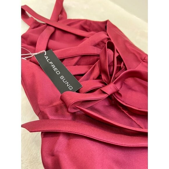 NWT Alfred Sung Size 2 Lace-Up Back Satin Twill A-Line Gown - Burgundy MSRP $25 - Picture 9 of 12